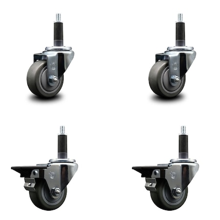 Service Caster 3'' Gray Poly Wheel Swivel 1'' Expanding Stem Caster Set 2 Brakes, 4PK SCC-EX20S314-PPUB-2-PLB-2-1